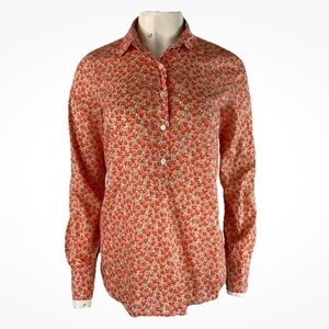 J Crew Sz 2 All Over Floral Print Long Sleeve Popover Preppy Top Orange Pink